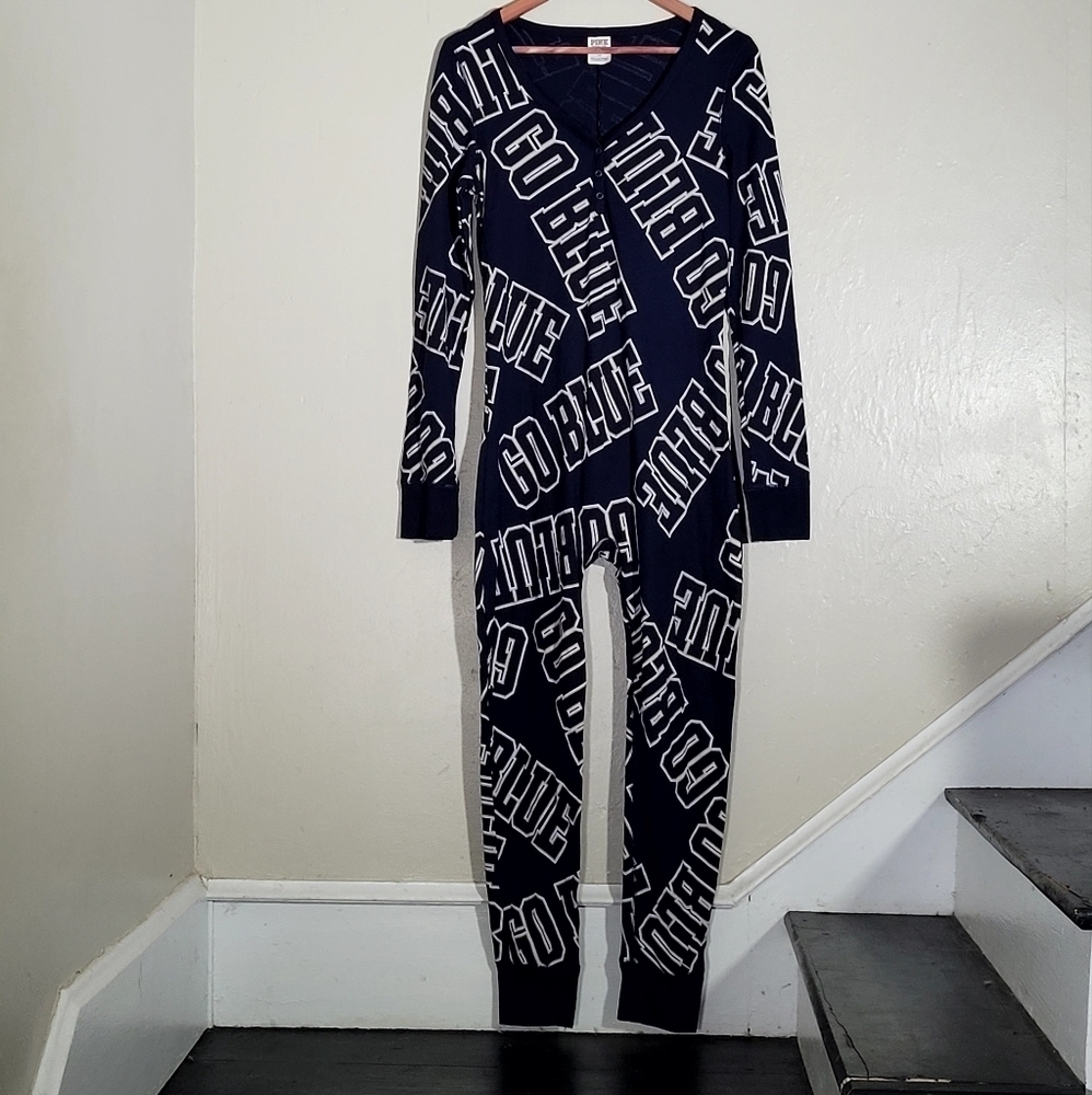 PINK Victoria's Secret Black One-Piece Pajama Romper with White Logo Print
